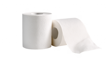 Two rolls of white toilet paper against a dark transparent background for commercial use