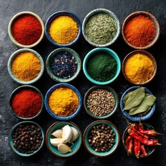 Colorful spices in small bowls on dark surface (1)