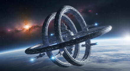 Futuristic space station orbiting planet earth