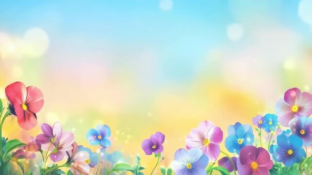 Pansies create a vibrant floral border against a dreamy bokeh background, sparkling with magic