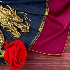 Dragon, rose, and fabric