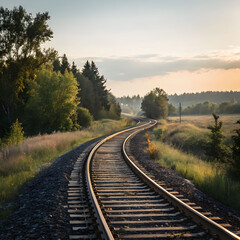 Fototapeta premium Railroad tracks curved and diverging, symbolizing choices, journeys, uncertainty, new directions, possibilities, decisions, life paths, and future opportunities.