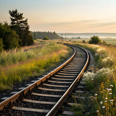 Fototapeta premium Railroad tracks curved and diverging, symbolizing choices, journeys, uncertainty, new directions, possibilities, decisions, life paths, and future opportunities.