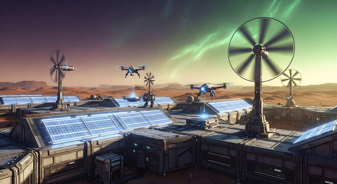 Martian outpost with solar panels and drones on mars - Powered by Adobe