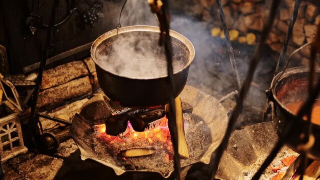 Slow motion captures boiling meal on flames as smoke drifts in cold evening air