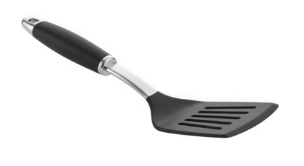 Durable black spatula with slotted head for flipping food effortlessly in the kitchen transparent background