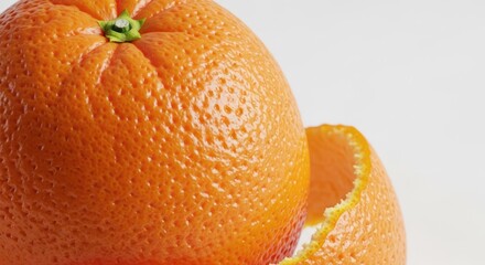 Bright orange partially peeled, its textured skin against a light background