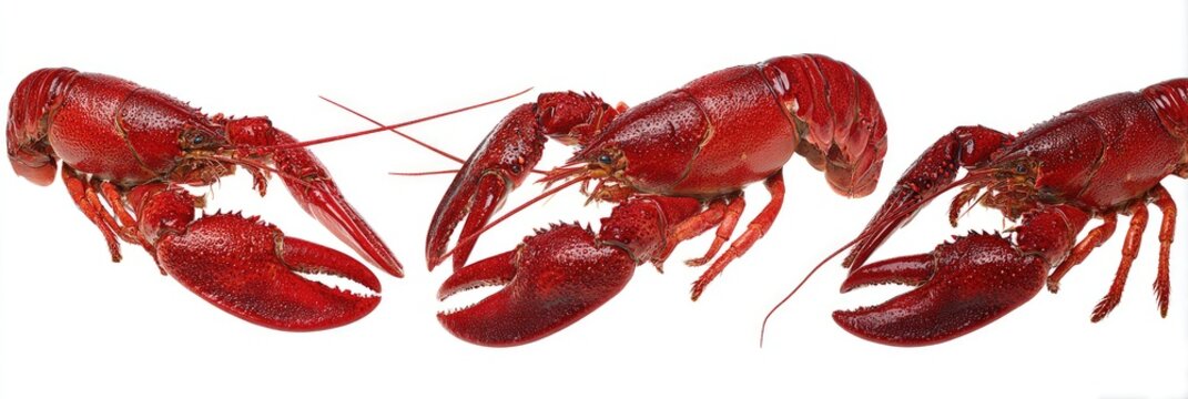 Four red crawfish arranged against a white background