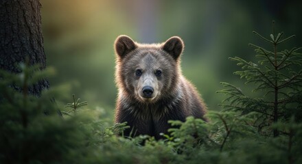 Obraz premium Brown bear cub sits alertly in forest greenery, illuminated by soft sunlight