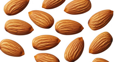 Close up overhead view of a rich collection of whole raw almonds scattered across a dark surface showcasing their textured shells and inviting appearance for healthy snacking transparent background