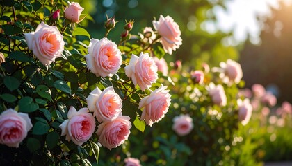 Delicate pink roses blooming in a lush garden under the warm sunlight