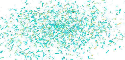 High-resolution image of teal and gold confetti exploding on white background. Perfect for celebrations, parties, and festive designs.