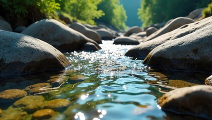 Fototapeta premium Serene Sunlight Dapples Crystal-Clear Stream Flowing Over Smooth Rocks in a Tranquil Natural Scene - Ideal for Nature, Travel, and Environmental Projects