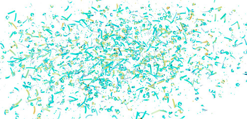 Beautiful image of teal and gold confetti falling on white background, perfect for celebrations.