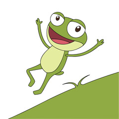 Joyful cartoon frog leaping with excitement on a green leaf, perfect for kids' projects.