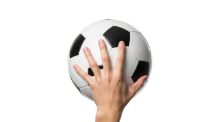 a hand gently cradles a classic black and white soccer ball, ready for the big game, isolated on transparent background