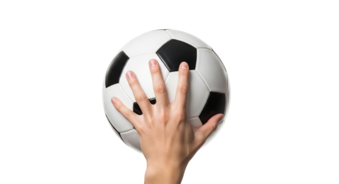 a hand gently cradles a classic black and white soccer ball, ready for the big game, isolated on transparent background
