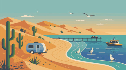A stylized illustration of a desert landscape meeting the ocean with a trailer and a boat visible