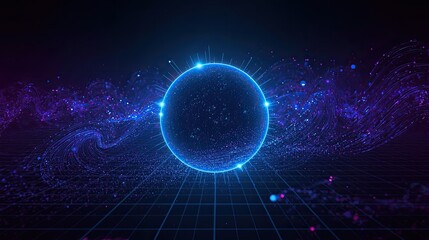Stunning digital sphere pulses with vibrant blue light amidst swirling cosmic energy and intricate data streams on a futuristic grid