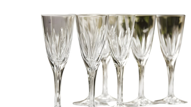 Elegant crystal champagne flutes on a formal table setting ready for a celebratory occasion isolated on a transparent background