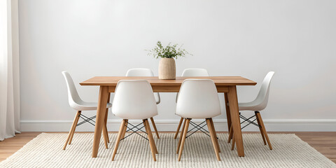 Minimal dining space design with wooden table and white chairs