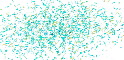 High-quality image of teal and gold confetti falling on white background. Perfect for party invitations, celebrations, and festive designs.