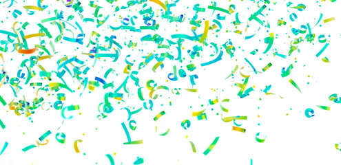 High-resolution image of vibrant confetti falling against a clean white backdrop. Perfect for celebrations, parties, and festive designs.