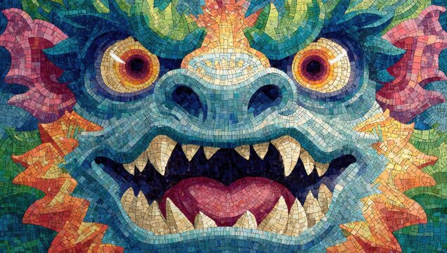 Mosaic dragon face, vibrant colors, detailed teeth and eyes