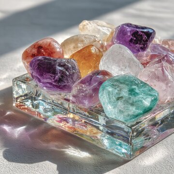 Colorful tumbled stones in a clear glass dish