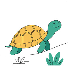 Adorable cartoon turtle smiling and walking happily through green grass