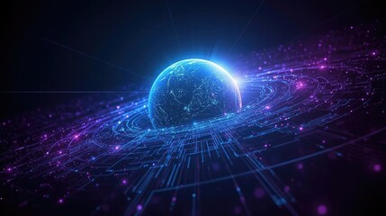 Dynamic glowing digital globe with abstract data streams and futuristic circuit board patterns, representing global connectivity and advanced technology.