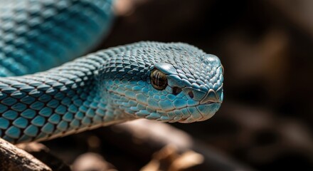 Close-up of a vibrant blue snake head with detailed scales