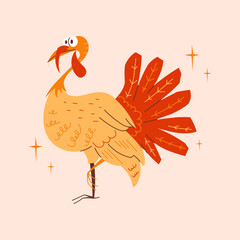 Vector illustration of a cartoon turkey with bright feathers, standing on a light background. Perfect for Thanksgiving design, holiday greeting cards, posters and festive decoration