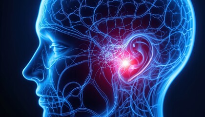 Explore neural pathways with a vibrant digital human head highlighting brain activity and inner workings