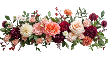 Elegant Floral Watercolor Patterns with Blooming Flowers and Lush Foliage Delicate isolated on a transparent background