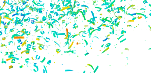 Bright teal, green, and yellow confetti falling on a white background. Perfect for celebrations!
