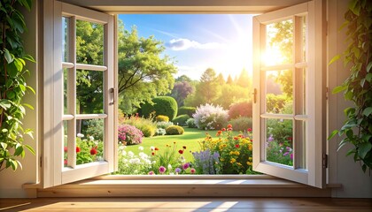 A sunlit garden view through an open window.  A peaceful scene © Erlangga