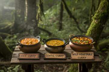 Three delicious and steaming curries served outdoors on a rustic wooden table amidst lush green forest.