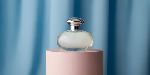 Elegant perfume bottle displayed on a pedestal against a soft blue backdrop