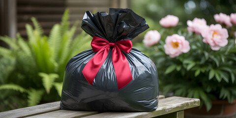 A black trash bag tied with a festive red bow sits on a wooden bench in a garden