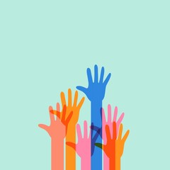 Fototapeta premium Colorful flat vector illustration of raised hands symbolizing youth confidence community