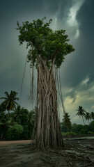 Majestic ancient banyan tree with hanging aerial roots stands tall against a dramatic, cloudy sky.