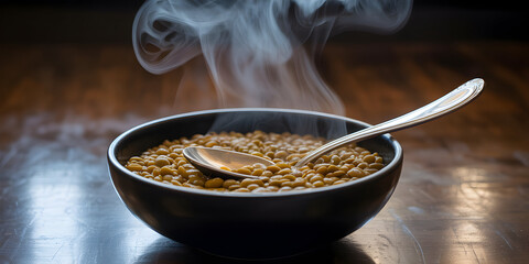Warm, steaming bowl of porridge with a spoon, perfect for a cozy breakfast.