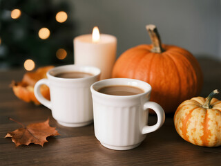 White mugs of coffee with pumpkins, candlelight and autumn leaves on rustic wooden table