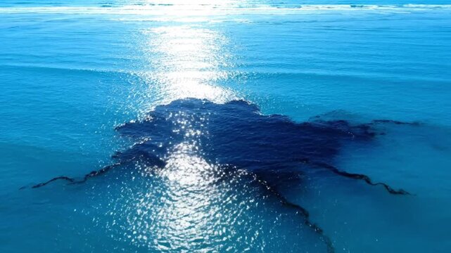 Vast ocean surface polluted by dark oil slick reflecting bright sunlight
