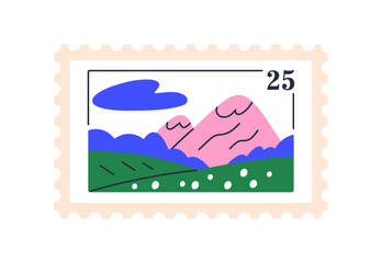 Mountain landscape on post mark, philately postage stamp design. Nature with rocks, grass scenery, philatelic mail sticker, postal postmark. Flat vector illustration isolated on white background