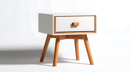 A white nightstand with a drawer and wooden legs on a white background.
