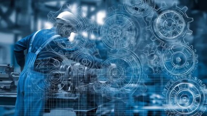 Engineer inspects machinery with gear overlay in manufacturing setting - Powered by Adobe