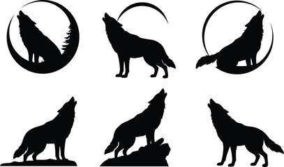 Howling wolf silhouette collection, forest wildlife design, full moon background, isolated black wolf artwork, wilderness animal symbol, vector illustration set.