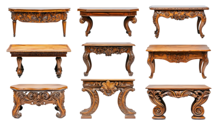 Elegant collection of antique furniture showcasing ornate carved wood tables isolated on a transparent background